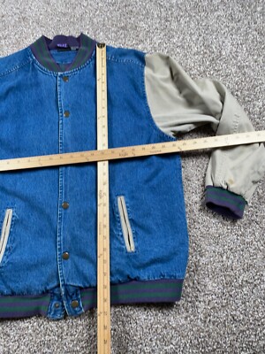 VTG Denim Varsity Bomber Jacket Adult XL Blue Beige Snap Button