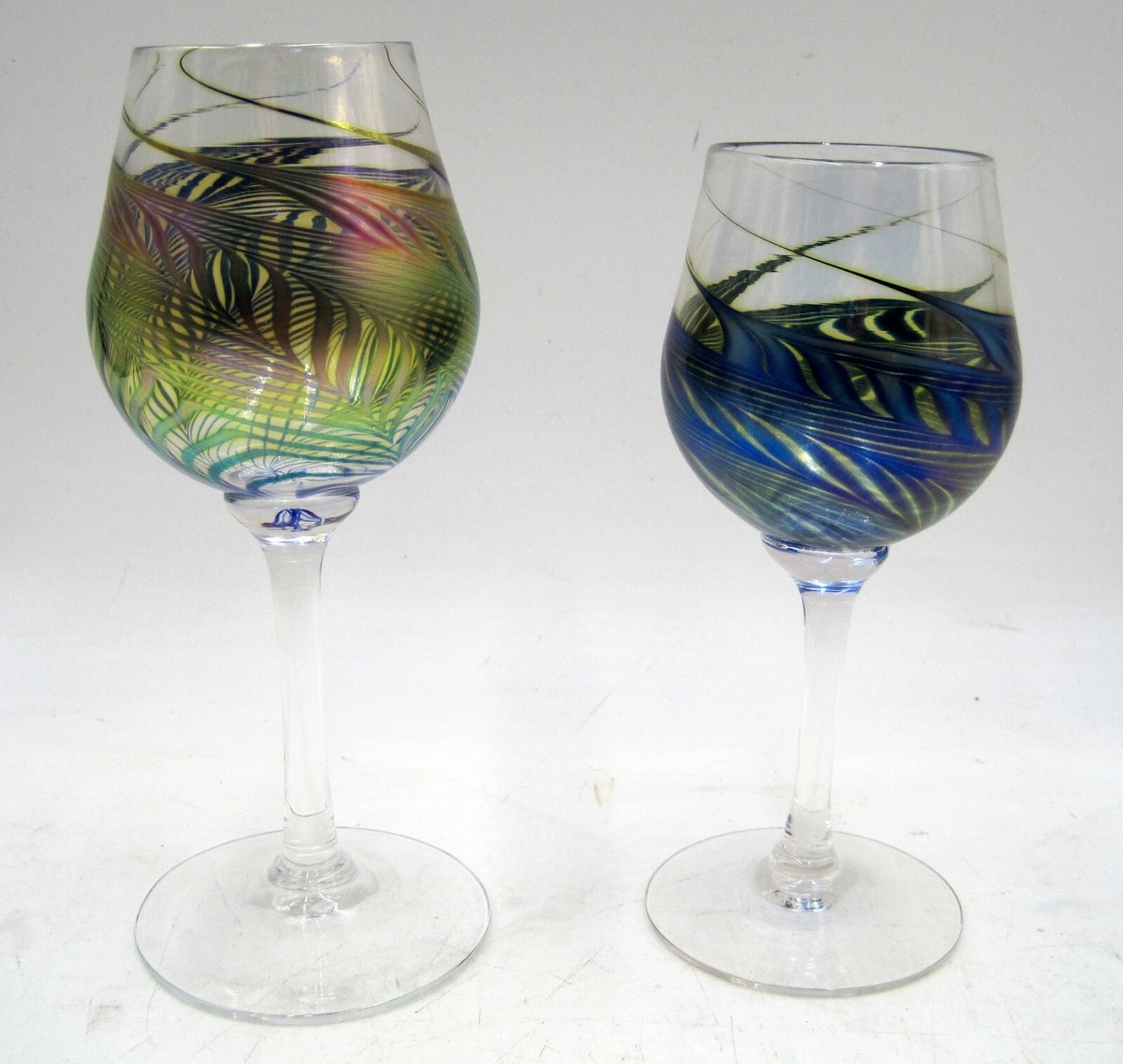 Hand Blown Skookum Robert Held Iridescent Art Glass Wine Goblets