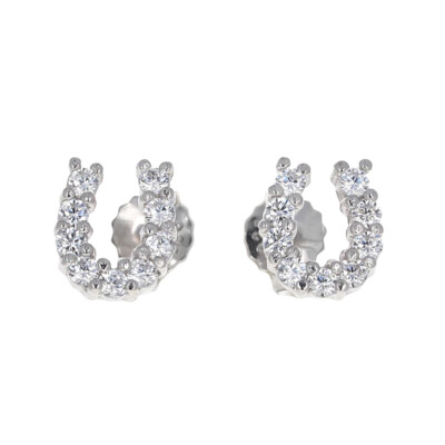 Sterling Silver, Lucky Horseshoe Stud Earrings, Cubic Zirconia, 925, Gold, Rose 