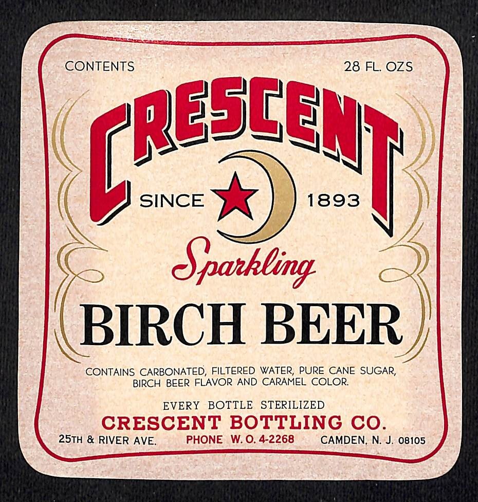 Crescent Sparkling Birch Beer Soda Paper Label Camden, NJ c1965 
