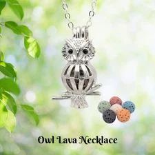 Owl necklace with 6 lava stones -  Bird diffuser pendant for essential oils