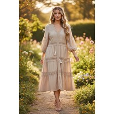 Beige Boho Embroidered Cotton Midi Dress Crochet Lace Balloon Sleeve Lined Large