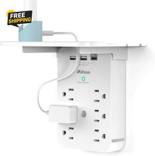 Wall Outlet Extender Surge Protector 6 AC Outlets Shelf 2 USB USB-C Charger