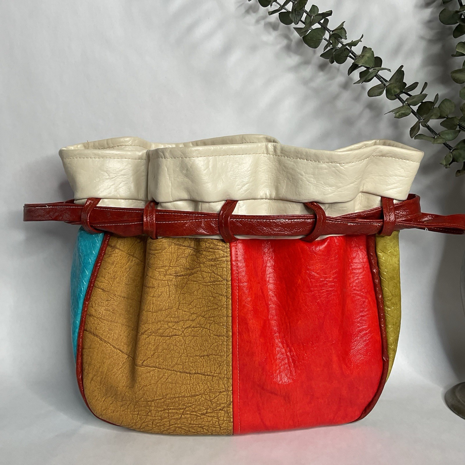 1960s 1970s Multi Colored Patchwork Drawstring Bu… - image 7