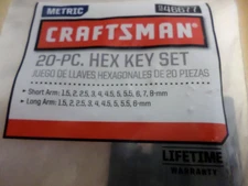NEW Craftsman 20 Hex Key (Allen Wrench) Set, Metric MM, Long-Arm & Short-Arm