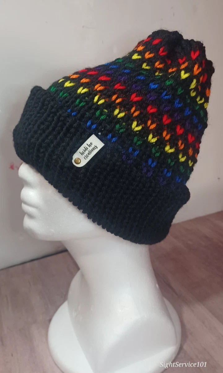 Hand Crochet Soft Acrylic Fiber Blend Beanie/Hat, Rainbow Heart Pattern / Black