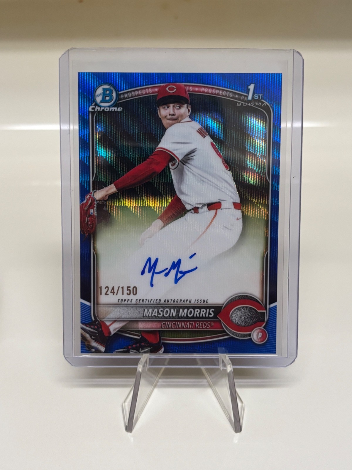 2025 Bowman Draft Mason Morris 1st Chrome Blue Wave Refractor Auto /150 Reds