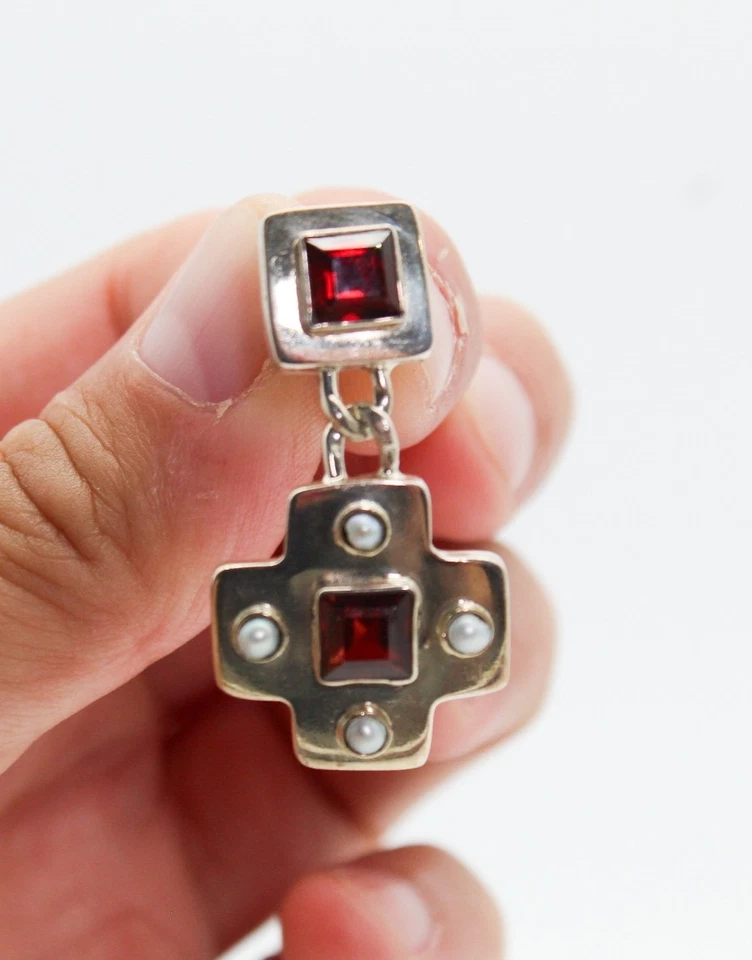 Vtg Sterling Silver Guadalupe Cross Garnet & Natural Pearl Pierced Earrings - Image 3 of 4