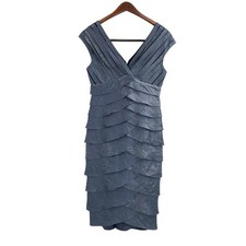 Adrianna Papell Blue Ruffle Shutter Pleat Shimmery Cap Sleeve Dress Womens 4