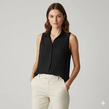 Club Monaco Black Pleated Sleeveless Collared Silk Blouse Top XS