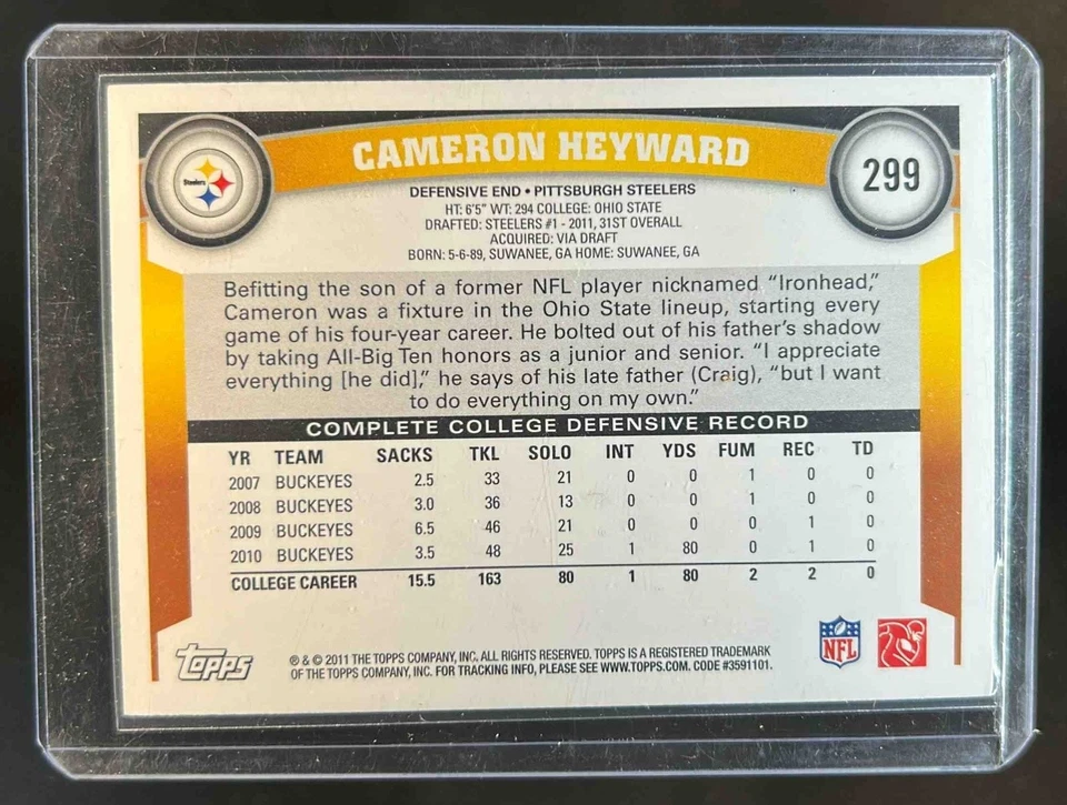 2011 Topps Cameron Heyward RC Rookie #299 Steelers - Image 2 of 2