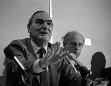 Sir Peter Parker British Rail chairman at a press conference at Ra- Old Photo