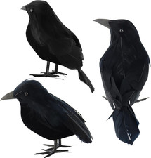 3 Pcs Black Feathered Crows Halloween Decorations Indoor Outdoor Realistic Faux