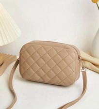 Women s Beige Quilted Crossbody Bag Zip Closu...