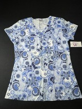Willow Brook Women's Paisley Print Scrub Top Blue White Cotton Blend Size S
