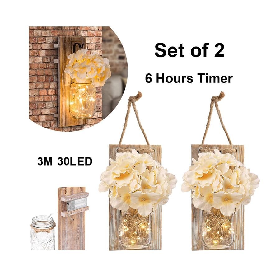 Rustic Mason Jar Wall Decor Sconces with LED Fairy Lights -Battery Cordless W...