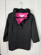 Gretchen Scott Pullover Womens XL Black w/Hot Pink Ruffle Collar 3/4 Sleeve Top