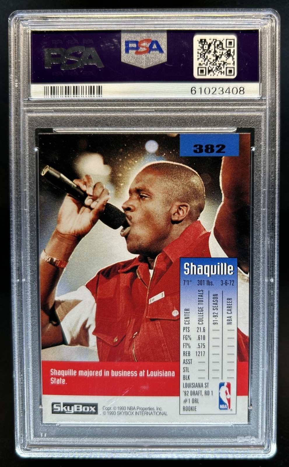 1992-93 Skybox Shaquille O'Neal Rookie RC #382 Magic PSA 8 view 2