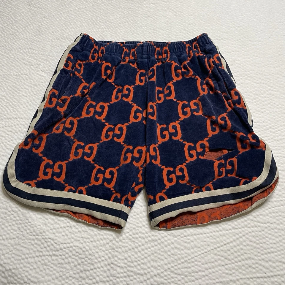 Pantalones cortos de terciopelo de chenilla GG azul y naranja Gucci para hombre. Talla pequeña envejecida. Foto 3 de 4