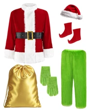 Christmas Green Furry Monster Santa Costume for Men 8 PC Deluxe Adult Santa Suit