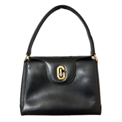 Vintage GUCCI G Turn Lock Hand Bag Purse Leather Gold Black