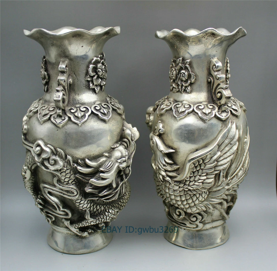 Collection old Tibet silver Vase Handwork carved dragon& Phoenix w Qianlong Mark - Image 2 of 4