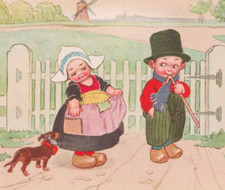 1929 Colombo Artist Signed Postcard Children In Clogs & Dachshund Dog Belgium