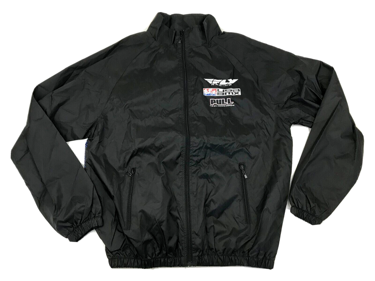 【レア】flight apparel ind レーシングジャケット NEW Fly Racing Jacket Size Large L Windbreaker Black Blue Full Zip