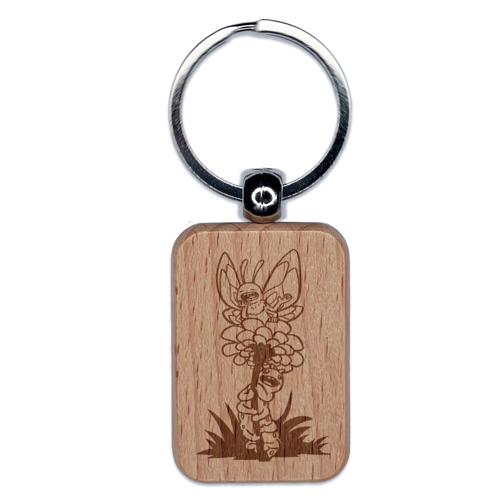Butterfly Caterpillar on Flower Engraved Wood Rectangle Keychain Tag Charm