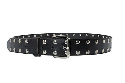 Belt 2 row round studs silver chrome black genuine leather made in