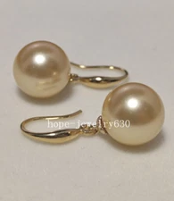 Beautiful Round AAA+ 12mm Gold South Sea Shell Pearl Earrings 14k hook earrings