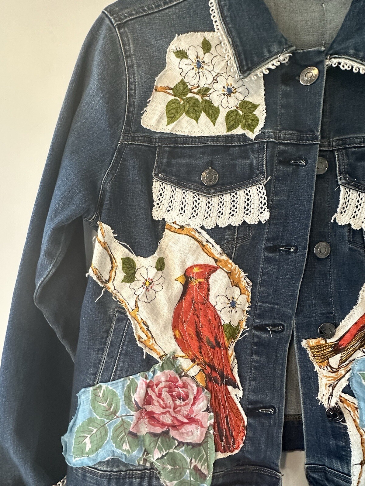 Custom Denim Jacket Beautiful Patchwork Birds Flo… - image 4