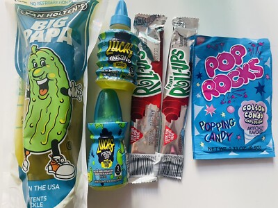 Van holtens Chamoy Pickle kit, Big Papa Saure Gurke, Fruit Roll ups, Pop rocks