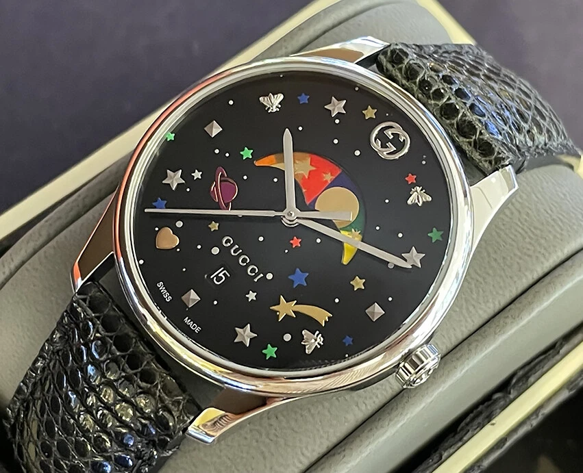 Gucci G-Timeless Watch Black Dial With Stars Planets Moon-phase Rainbow Date New