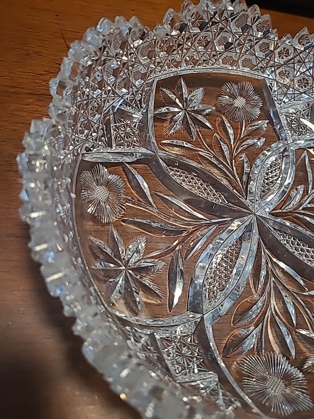 Antique American Brilliant Cut 9in Bowl 4 Leaf Floral/Flowers 3in Deep