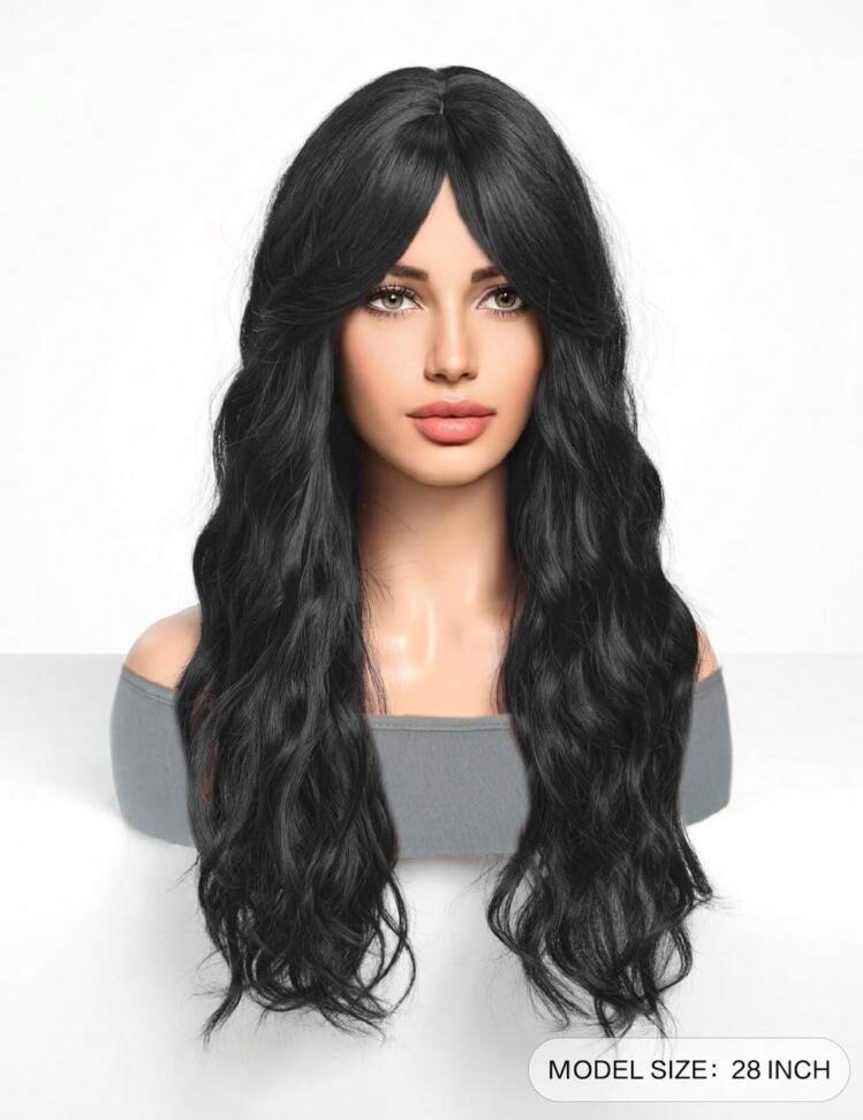 Perruque Synthétique Noire Longue Ondulée Avec Frange - Bonnet Monofilament, Taille Moyenne
