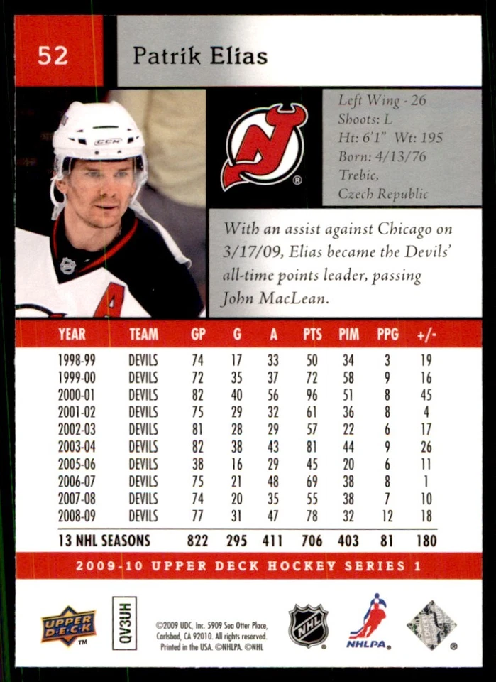 2009-10 Upper Deck Patrik Elias New Jersey Devils #52 - Image 2 of 2