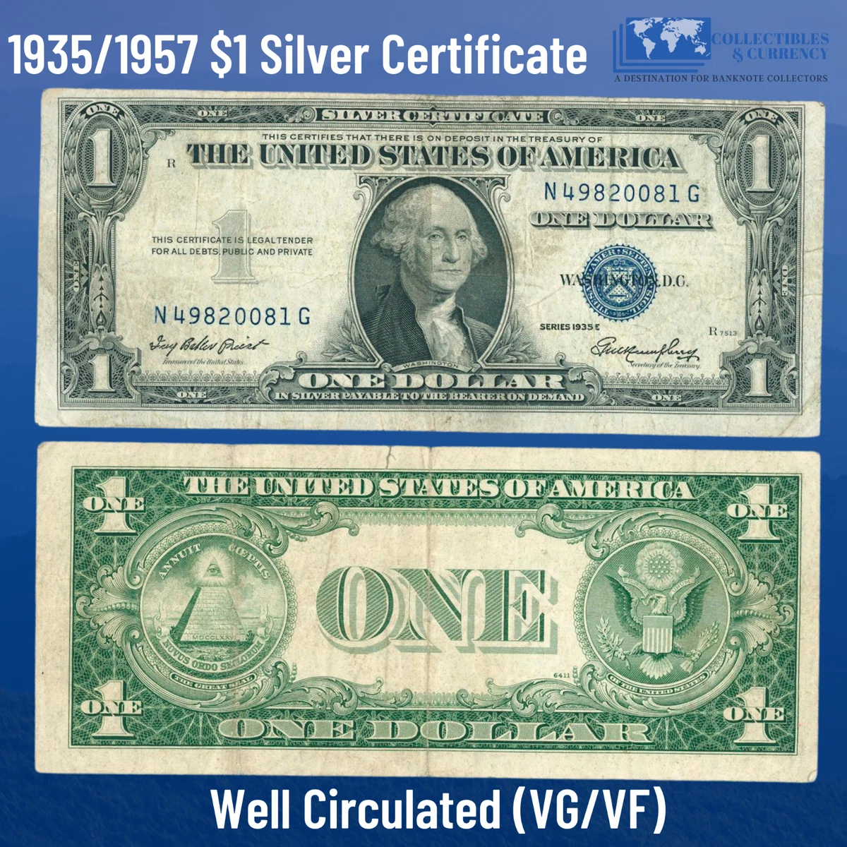 One 1935 1957 1 Dollar Silver Certificate VG VF Old US One Dollar Bill