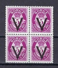 Norway 1941 Sc# 210 National Arms V/5ore watermark block 4 MNH
