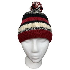 Vintage Mohair Beanie Hand Knitted Striped Nordic Ski Hat Wool Lined Pom Adult