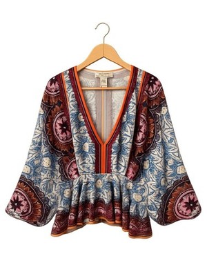 Flying Tomato Small Boho Paisley Bell Sleeve Top Smocked Waist Blue Orange