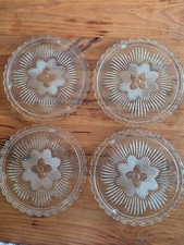 Set of 4 Vintage Clear Glass cake Plates with Floral Starburst Design