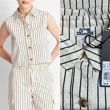 🌼 Future Collective - Button-Down Shirt Striped Sleeveles Boxy Top Size S Small