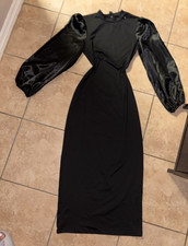 SHEIN Black Solid Mock Neck Bodycon Maxi Dress Long Puff Sleeve Size S