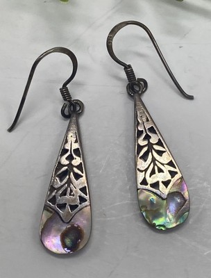 Sterling Silver 925 Mother of Pearl Filigree Dangle Drop Earrings Stamped~1 In