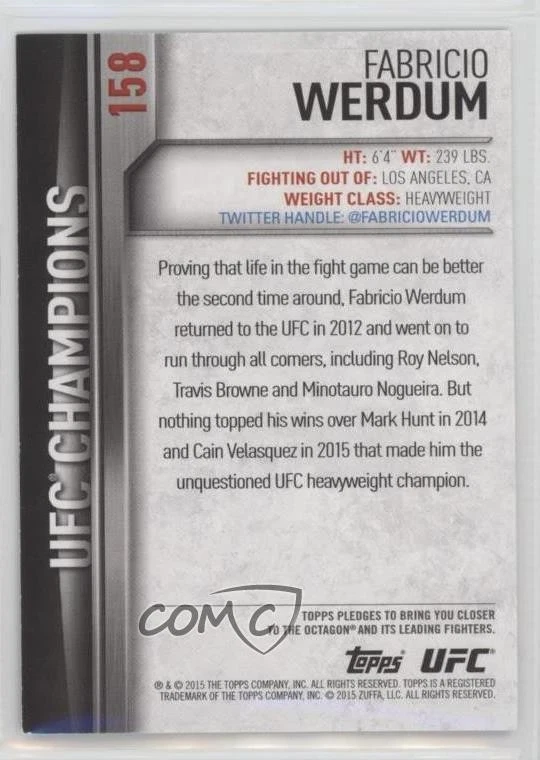 2015 Topps UFC Champions Black /188 Fabricio Werdum #158 - Image 2 of 2