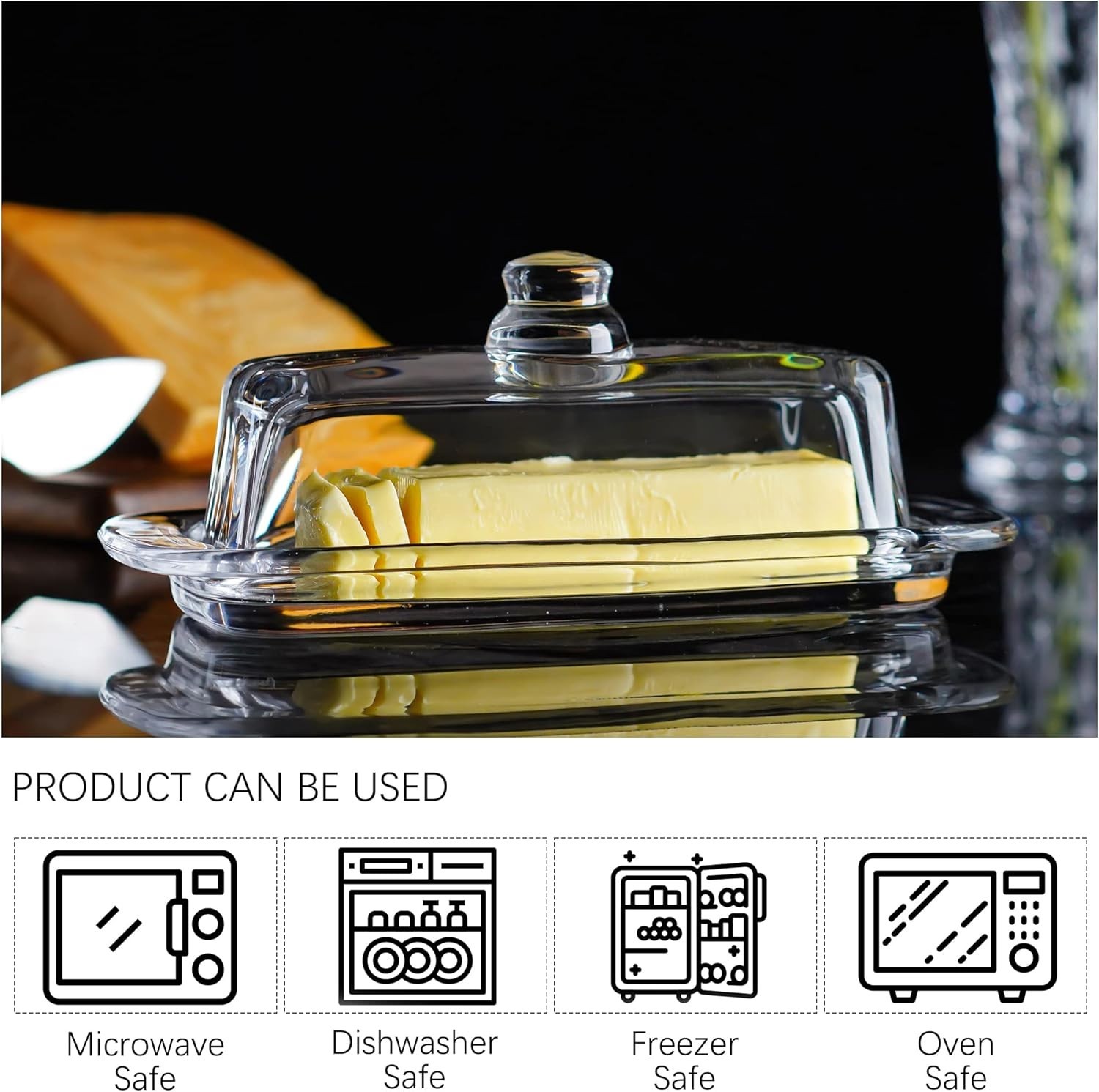 Glass Butter Dish With Lid 8 Inch Modern Art Cover Container for Kitchen