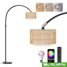 Arc Floor Lamp Dimmable LED Remote Control 3 Color Modes Rattan Fabric Shade New