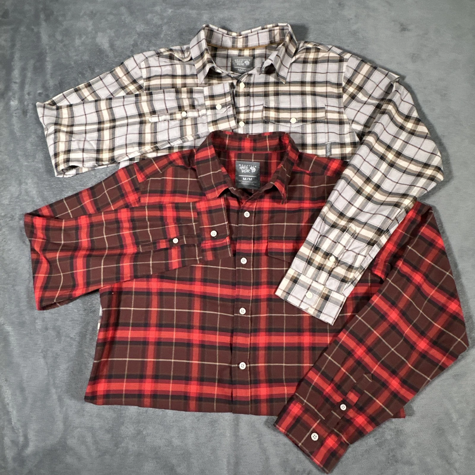 Mountain Hardwear Shirt Mens Medium Plaid Flannel Lot 2 Red Gray Outdoor Hiking