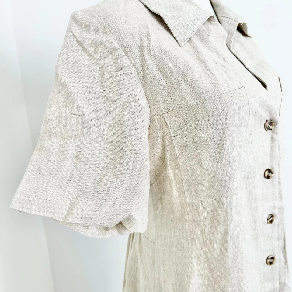 Aere Opal Linen Open Collar Midi Dress Size 10 Oat Button Front Short Sleeve New - image 4 of 4